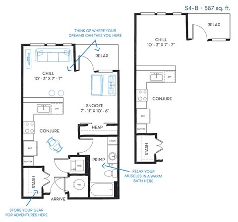 Floor plan for studio, 1 bath, 587 sqft